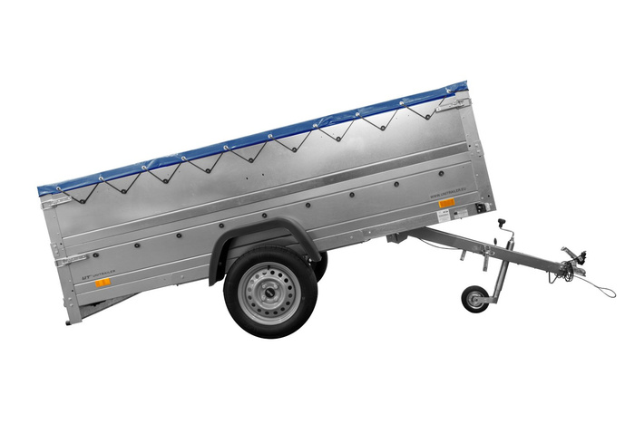 Enkeltakslet trailer Unitrailer GARDEN TRAILER 264 KIPP med BIS faldsider og blå flad presenning